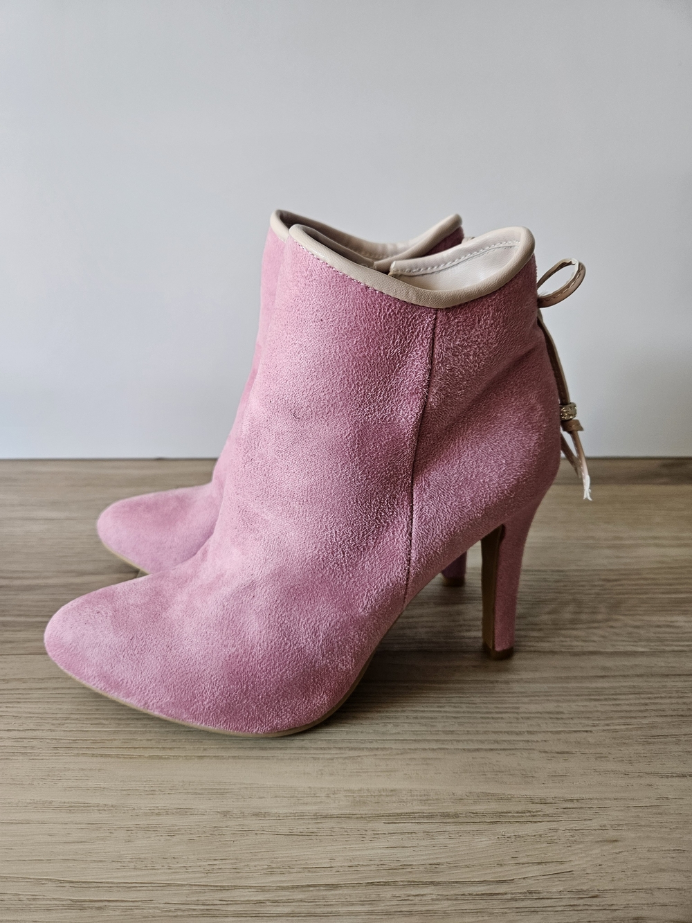Pink Suede High-Heel Ankle Boots Pointy Toe Bows